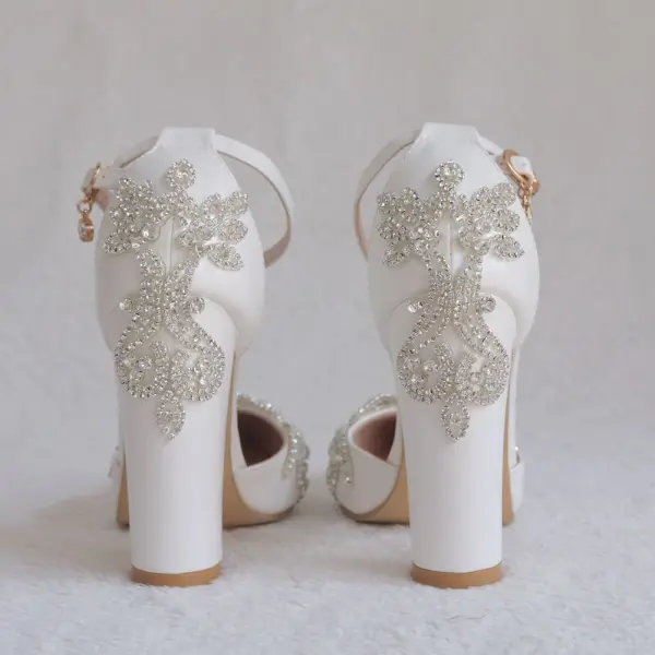 Modern / Fashion White Wedding Shoes 2018 Rhinestone Ankle Strap 10 cm Thick Heels Pointed Toe Wedding High Heels