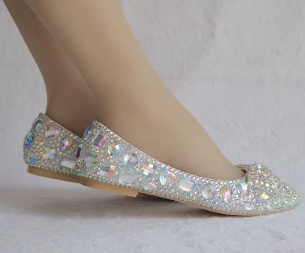 Scintillantes Argenté Chaussure De Mariée 2018 Cristal Faux Diamant À Bout Pointu Plate Mariage