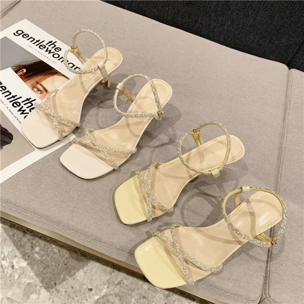 Mode Weiß Strassenmode Knöchelriemen Sandalen Damen 2021 Strass 6 cm Stilettos Peeptoes Sandaletten Hochhackige