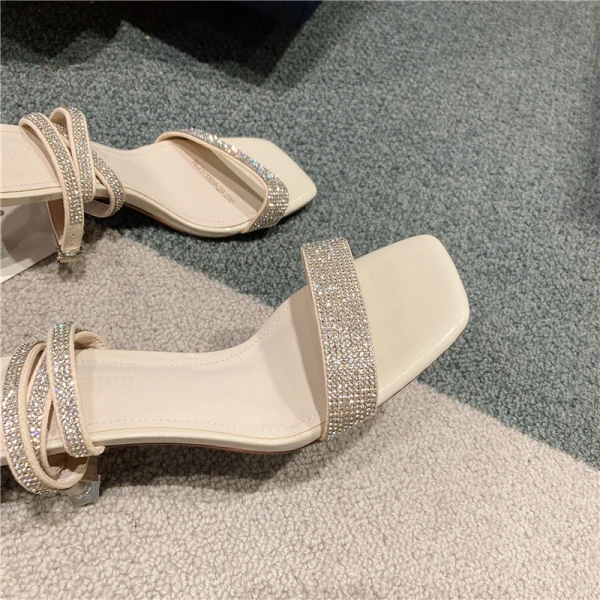 Sexy Beige Evening Party Rhinestone Womens Sandals 2021 6 cm Stiletto Heels Open / Peep Toe Sandals High Heels