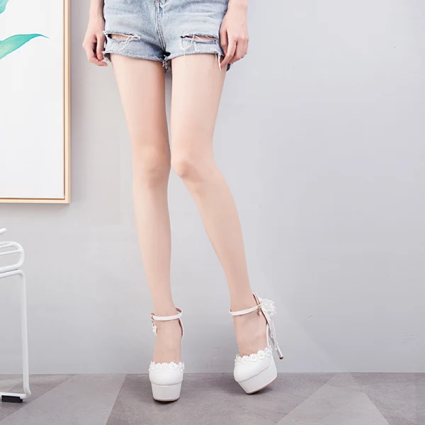 Modern / Fashion White Wedding Shoes 2018 Lace Flower Ankle Strap Pearl Tassel 14 cm Stiletto Heels Round Toe Wedding High Heels
