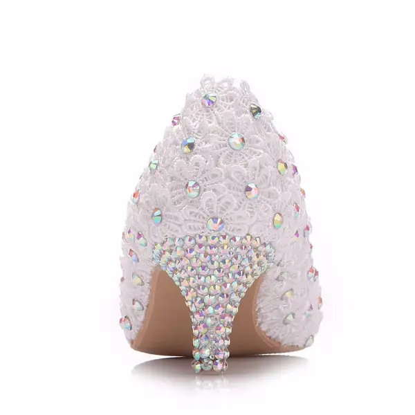 Chic / Beautiful White Wedding Shoes 2018 Lace Flower Rhinestone 5 cm Stiletto Heels Pointed Toe Wedding Pumps