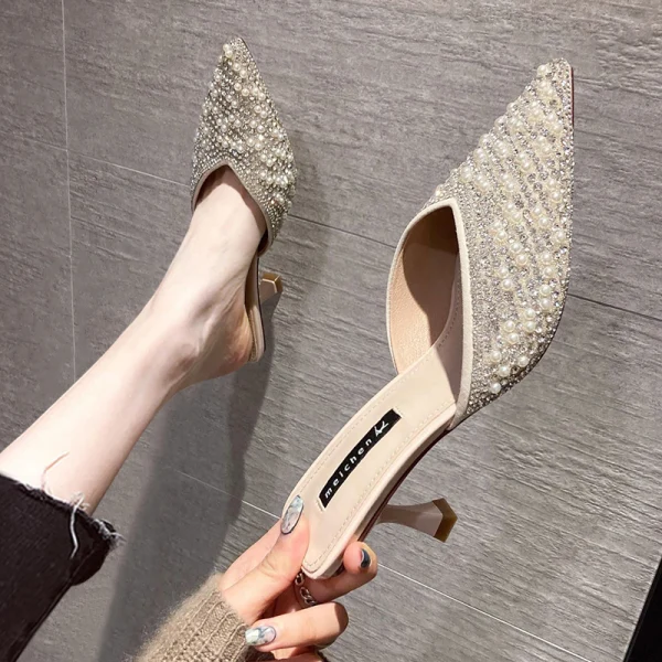 Chic / Beautiful Black Casual Pearl Rhinestone Womens Sandals 2021 6 cm Stiletto Heels Pointed Toe Sandals High Heels