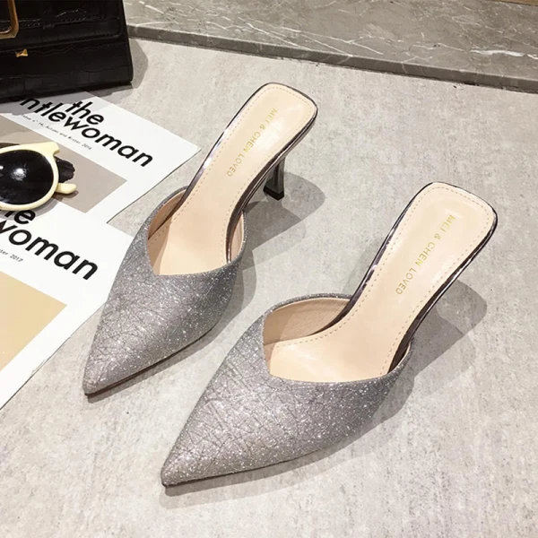 Charmant Champagne Vêtement de rue Paillettes Sandales Femme 2021 8 cm Talons Aiguilles À Bout Pointu Sandales Talons Hauts