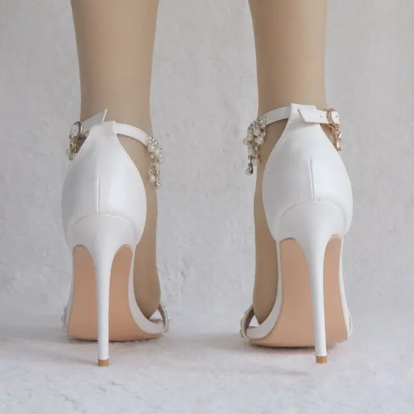 Charmant Weiß Brautschuhe 2018 Perle Strass Quaste Knöchelriemen 11 cm Stilettos Peeptoes Hochzeit Hochhackige