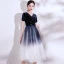 Modern / Fashion Navy Blue Suede Homecoming Graduation Dresses 2021 A-Line / Princess V-Neck Star Sequins Sash Bow Short Sleeve Tea-length Formal Dresses