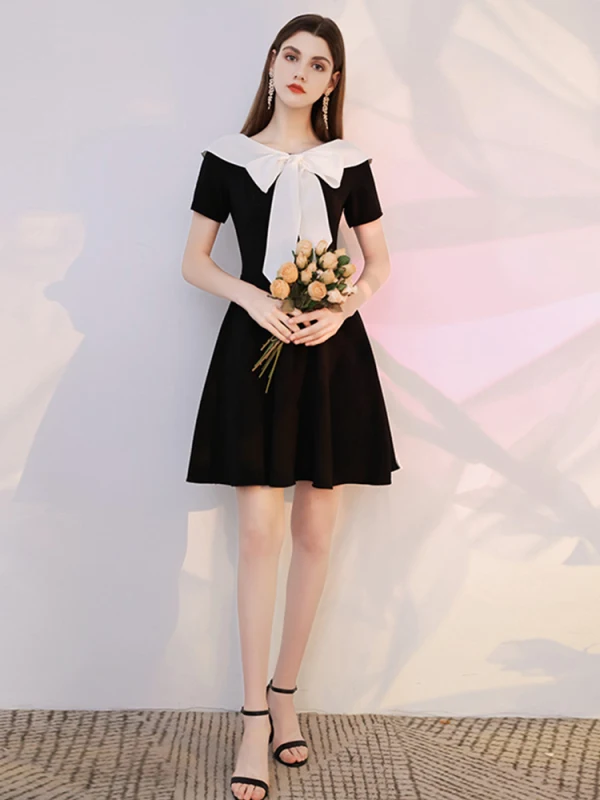 Fashion Black Homecoming Short Graduation Dresses Little Black Dress 2021 A-Line / Princess V-Neck Bow Short Sleeve Formal Dresses