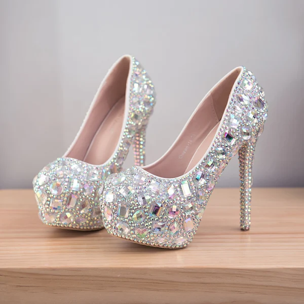 Sparkly Sølv Brudesko 2018 Krystall Rhinestone 14 cm Stiletthæler Rund Tå Bryllup Pumps