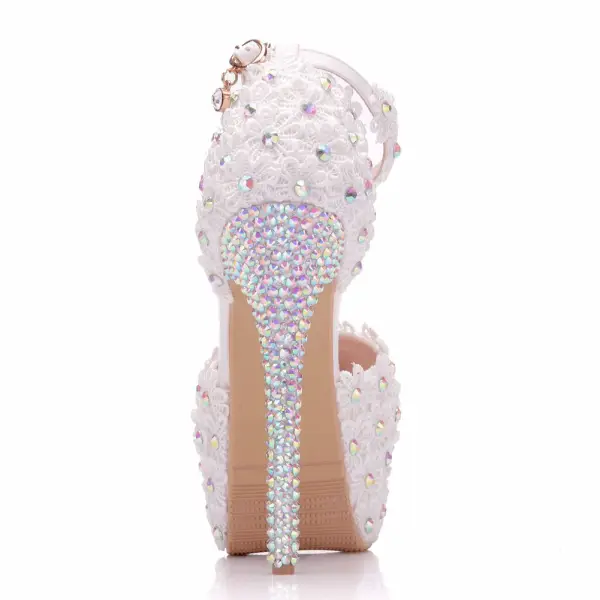 Chic / Beautiful White Wedding Shoes 2018 Lace Flower Rhinestone 14 cm Stiletto Heels Wedding Round Toe High Heels