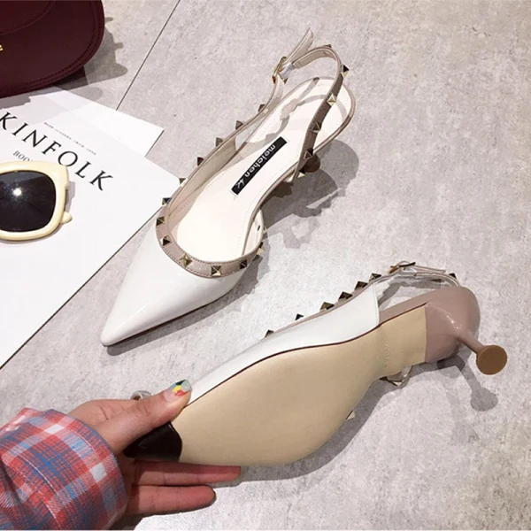 Fashion White Casual Rivet Womens Sandals 2021 Ankle Strap 5 cm Stiletto Heels Pointed Toe Sandals High Heels