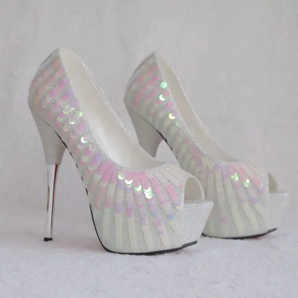 Romantique Argenté Chaussure De Mariée 2018 Paillettes 14 cm Talons Aiguilles Peep Toes / Bout Ouvert Mariage Talons Hauts