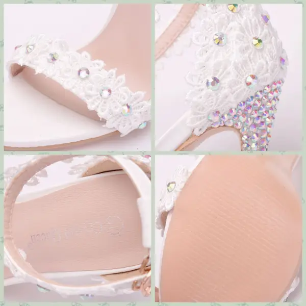 Modern / Fashion White Wedding Shoes 2018 Lace Flower Rhinestone Ankle Strap 11 cm Stiletto Heels Open / Peep Toe Wedding High Heels