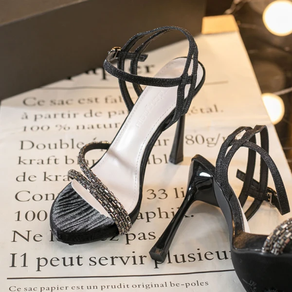 Sexy Champagne Evening Party Rhinestone Womens Sandals 2021 10 cm Stiletto Heels Open / Peep Toe Sandals High Heels