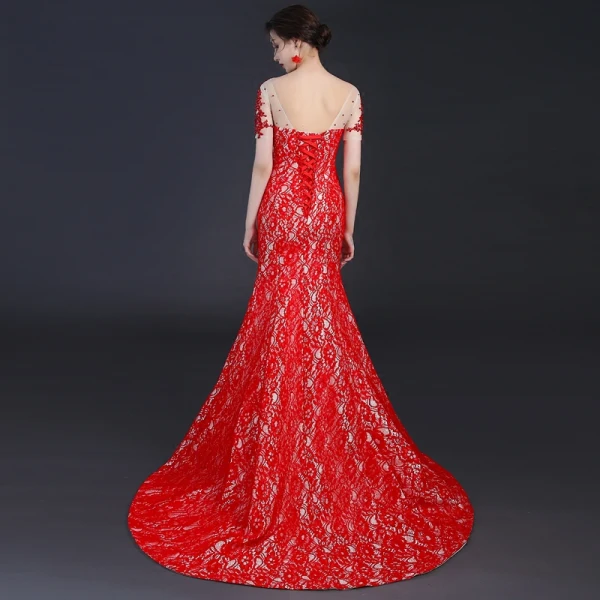 Style Chinois Rouge Transparentes Robe De Soirée 2018 Trompette / Sirène Encolure Dégagée Manches Courtes Paillettes Perlage Tribunal Train Dos Nu Robe De Ceremonie
