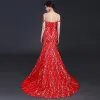 Chinese style Red See-through Evening Dresses  2018 Trumpet / Mermaid Scoop Neck Short Sleeve Sequins Beading Court Train Backless Formal Dresses