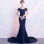 Charmant Bleu Marine Robe De Soirée 2018 Trompette / Sirène De l'épaule Manches Courtes Appliques En Dentelle Perlage Chapel Train Dos Nu Robe De Ceremonie