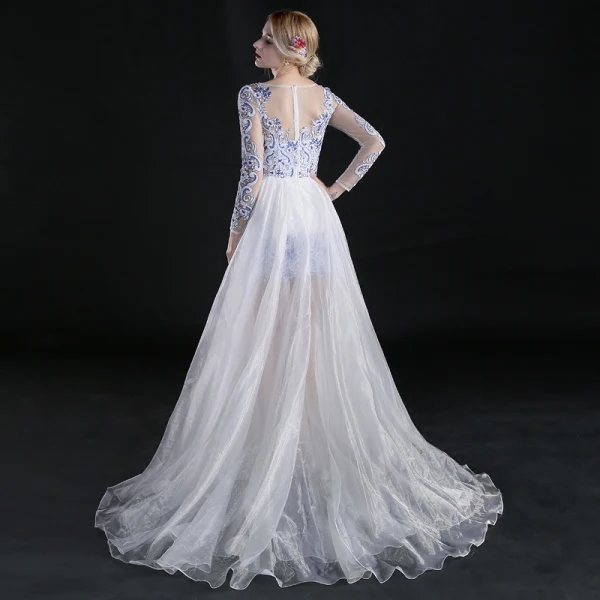 Chinese style Asymmetrical Evening Dresses 2017 A-Line / Princess Scoop Neck Long Sleeve Embroidered Flower White Organza Detachable Formal Dresses