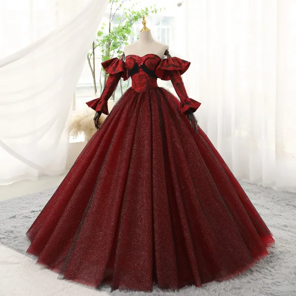 Charming Burgundy Glitter Prom Dresses 2023 Ball Gown Strapless Bell sleeves Backless Floor-Length / Long Prom Formal Dresses