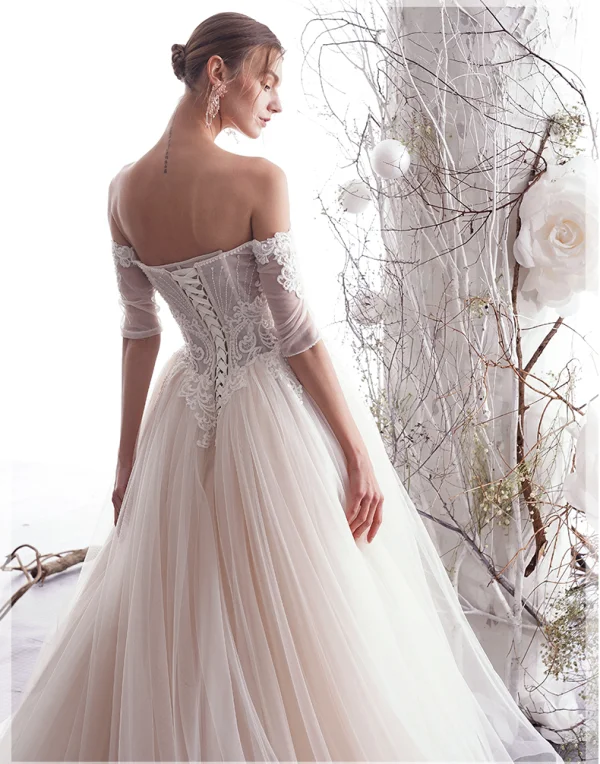 Charming Champagne Wedding Dresses 2019 A-Line / Princess Off-The-Shoulder Beading Lace Flower Short Sleeve Backless Floor-Length / Long