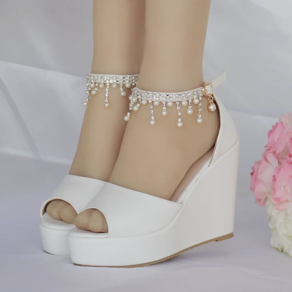 Mote Hvit Casual Kilehæl Damesko 2018 Perle Rhinestone Dusk Ankelstropp Peep Toe