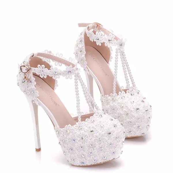 Modern / Fashion White Wedding Shoes 2018 Lace Flower Pearl Rhinestone Ankle Strap T-Strap 11 cm Stiletto Heels Round Toe Wedding High Heels