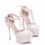 Modern / Fashion White Wedding Shoes 2018 Lace Flower Pearl Rhinestone Ankle Strap T-Strap 11 cm Stiletto Heels Round Toe Wedding High Heels