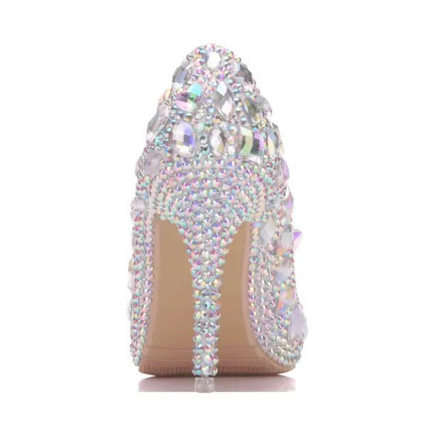 Błyszczące Srebrny Buty Ślubne 2018 Kryształ Rhinestone 9 cm Szpilki Okrągłe Toe Ślub Czółenka
