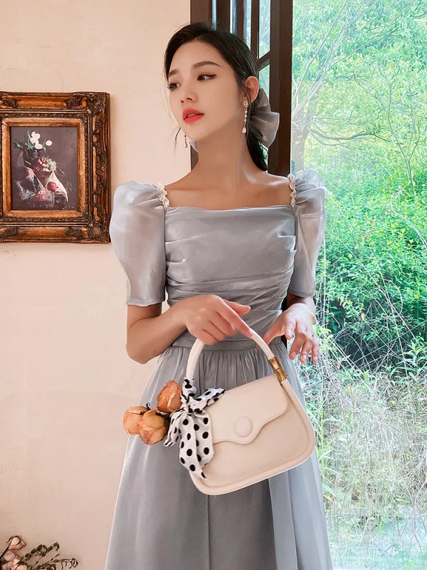 Modest / Simple Grey Bridesmaid Dresses 2021 A-Line / Princess Short Sleeve Bow Backless Tea-length Bridesmaid Wedding Party Dresses