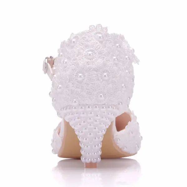 Chic / Beautiful White Wedding Shoes 2018 Lace Pearl Buckle 5 cm Stiletto Heels Pointed Toe Wedding High Heels