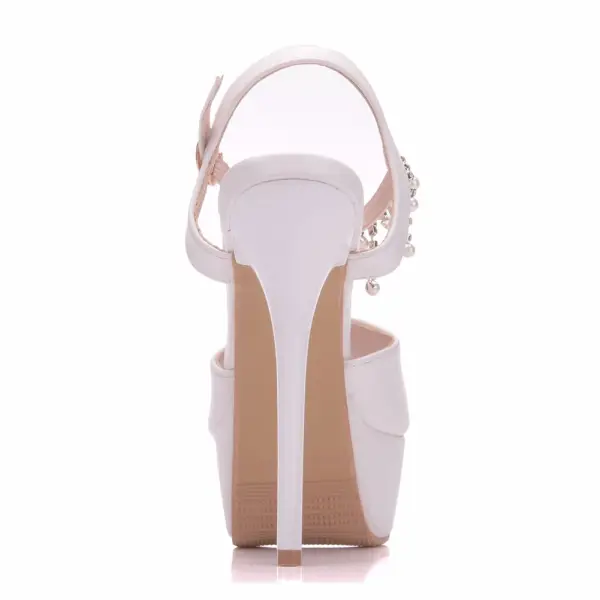Chic / Beautiful White Wedding Shoes 2018 Pearl Rhinestone Tassel Ankle Strap 14 cm Stiletto Heels Open / Peep Toe Wedding High Heels