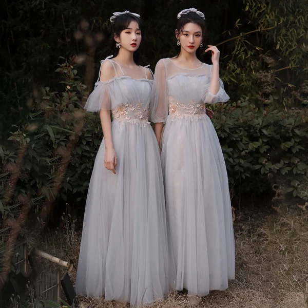 Chic / Beautiful Grey Bridesmaid Dresses 2021 A-Line / Princess Scoop Neck  Lace Flower 1/2 Sleeves Backless Floor-Length / Long Bridesmaid Wedding  Party Dresses