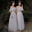 Chic / Beautiful Grey Bridesmaid Dresses 2021 A-Line / Princess Scoop Neck Lace Flower 1/2 Sleeves Backless Floor-Length / Long Bridesmaid Wedding Party Dresses