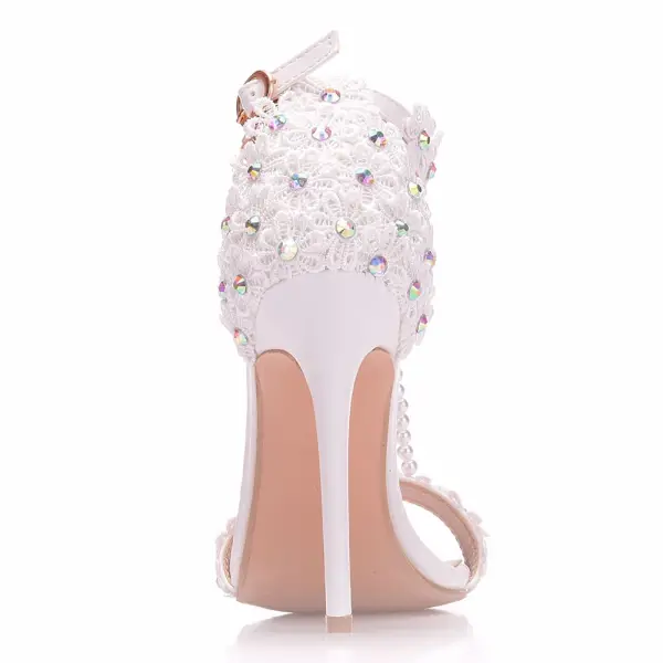 Charmant Blanche Chaussure De Mariée 2018 T-Strap En Dentelle Fleur Perle Faux Diamant Bride Cheville 11 cm Talons Aiguilles Peep Toes / Bout Ouvert Mariage Talons Hauts