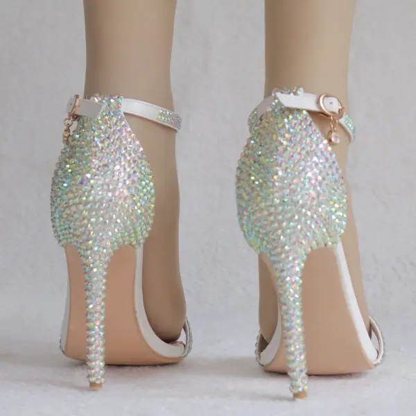 Schöne Weiß Brautschuhe 2018 Strass Knöchelriemen 11 cm Stilettos Peeptoes Hochzeit Hochhackige