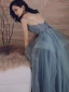 Chic / Belle Bleu Ciel Volants en Cascade Robe De Bal 2021 Princesse Bretelles Spaghetti Perlage En Dentelle Fleur Sans Manches Dos Nu Longue Promo Robe De Ceremonie