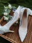Elegant White Lace Flower Wedding Shoes 2021 Leather Bow 6 cm Stiletto Heels Pointed Toe Wedding Pumps High Heels