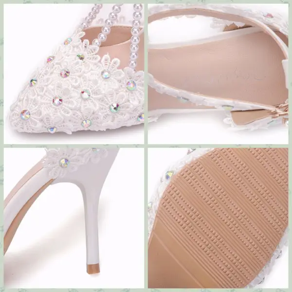 Modern / Fashion White Wedding Shoes 2018 Lace Flower Rhinestone Pearl T-Strap Ankle Strap 9 cm Stiletto Heels Pointed Toe Wedding High Heels
