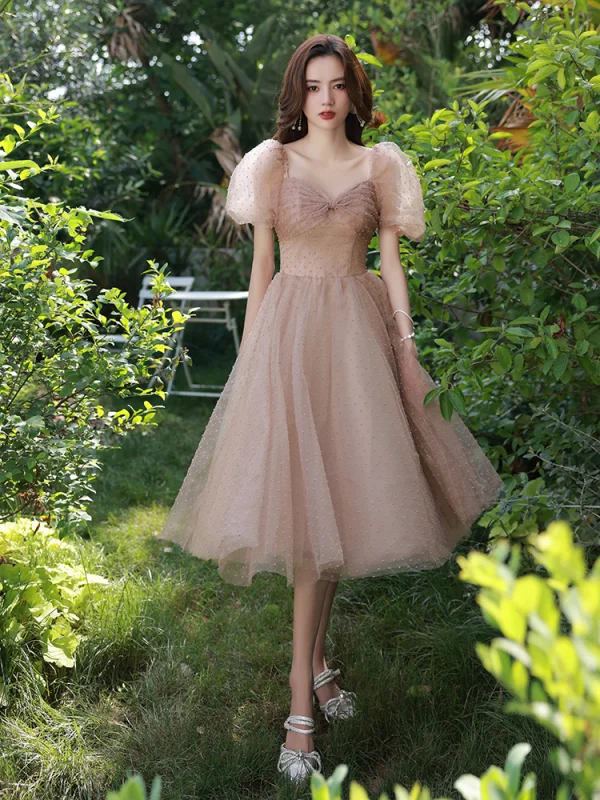Chic / Belle Rose Sombre de retour Robe De Graduation 2021 Princesse Noeud Encolure Carrée Gonflée Manches Courtes Dos Nu Thé Longueur Robe De Ceremonie