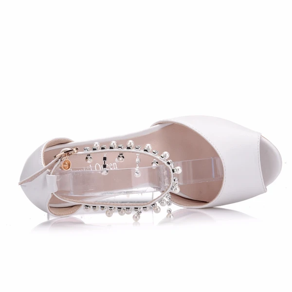 Schöne Weiß Brautschuhe 2018 Perle Strass Knöchelriemen 7 cm Stilettos Peeptoes Hochzeit Hochhackige