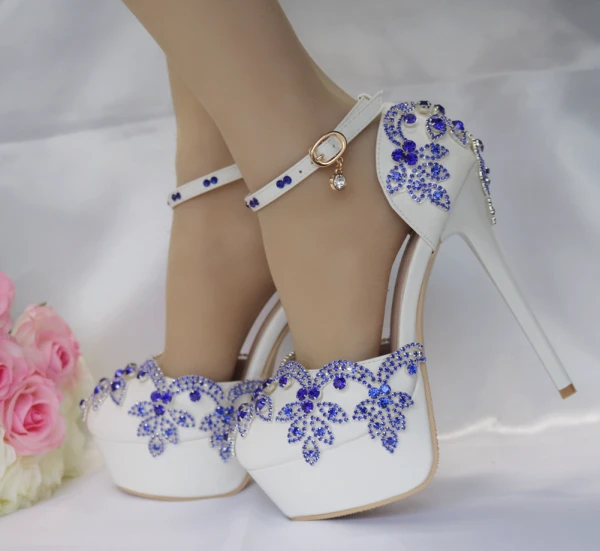 Chic / Beautiful Royal Blue Wedding Shoes 2018 Rhinestone 14 cm Stiletto Heels Round Toe Wedding High Heels