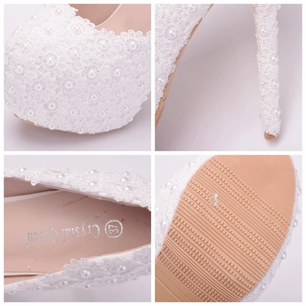 Chic / Beautiful White Wedding Shoes 2018 Lace Flower Pearl 14 cm Stiletto Heels Round Toe Pumps