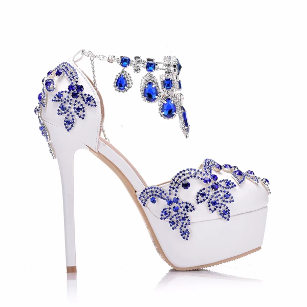 Charmant Königliches Blau Brautschuhe 2018 Kristall Strass 14 cm Stilettos Runde Zeh Hochzeit Hochhackige