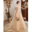 Modern / Fashion Grey Prom Dresses 2021 A-Line / Princess Halter Beading Lace Flower Short Sleeve Backless Sweep Train Prom Formal Dresses