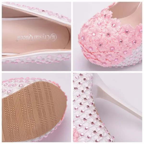 Lovely Blushing Pink Wedding Shoes 2018 Lace Flower Rhinestone 14 cm Stiletto Heels Round Toe Wedding Pumps