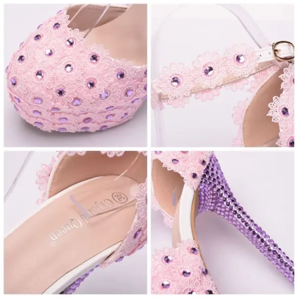 Charmant Rose Bonbon Chaussure De Mariée 2018 En Dentelle Fleur Faux Diamant Bride Cheville 11 cm Talons Aiguilles À Bout Rond Mariage Escarpins