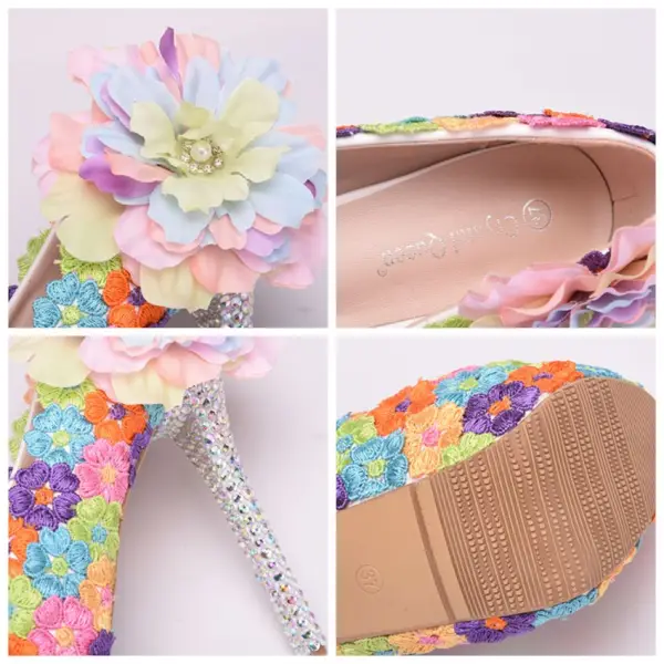 Flower Fairy Multi-Colors Prom Pumps 2018 Lace Handmade  Flower 14 cm Rhinestone Stiletto Heels Round Toe Pumps