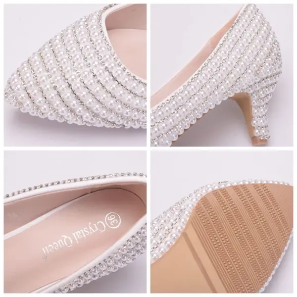 Modern / Fashion White Wedding Shoes 2018 Beading Pearl Rhinestone 3 cm Stiletto Heels Pointed Toe Low Heel Wedding Pumps