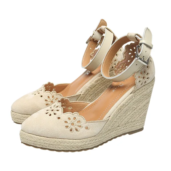 Chic / Beautiful Beige Casual Pierced Flower Womens Shoes 2021 Ankle Strap 10 cm Wedges Pointed Toe Sandals High Heels