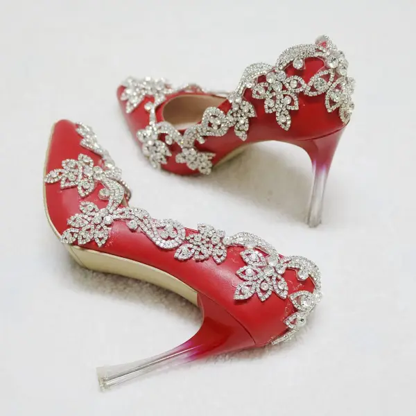 Chinese style Red Wedding Shoes 2018 Rhinestone 9 cm Crystal Stiletto Heels Pointed Toe Wedding Pumps