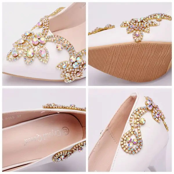 Mode Vita Brudskor 2018 Rhinestone 9 cm Kristall Stilettklackar Spetsiga Bröllop Pumps